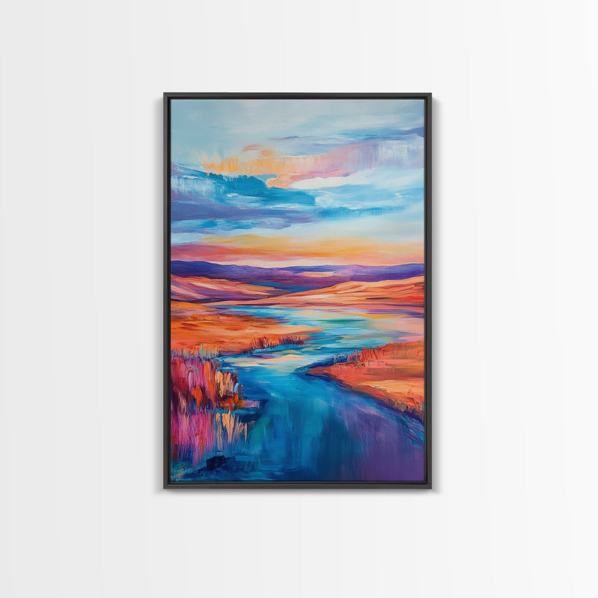 Vibrant River, landscape painting, wabi sabi art, coastal landscape art, Canvas Print, horizontal wall art, panoramic art, farmhouse art