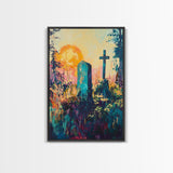 Graveyard Sunset, dark romance painting, gothic wall art, moody art, vintage folk art, atmospheric painting, framed canvas print