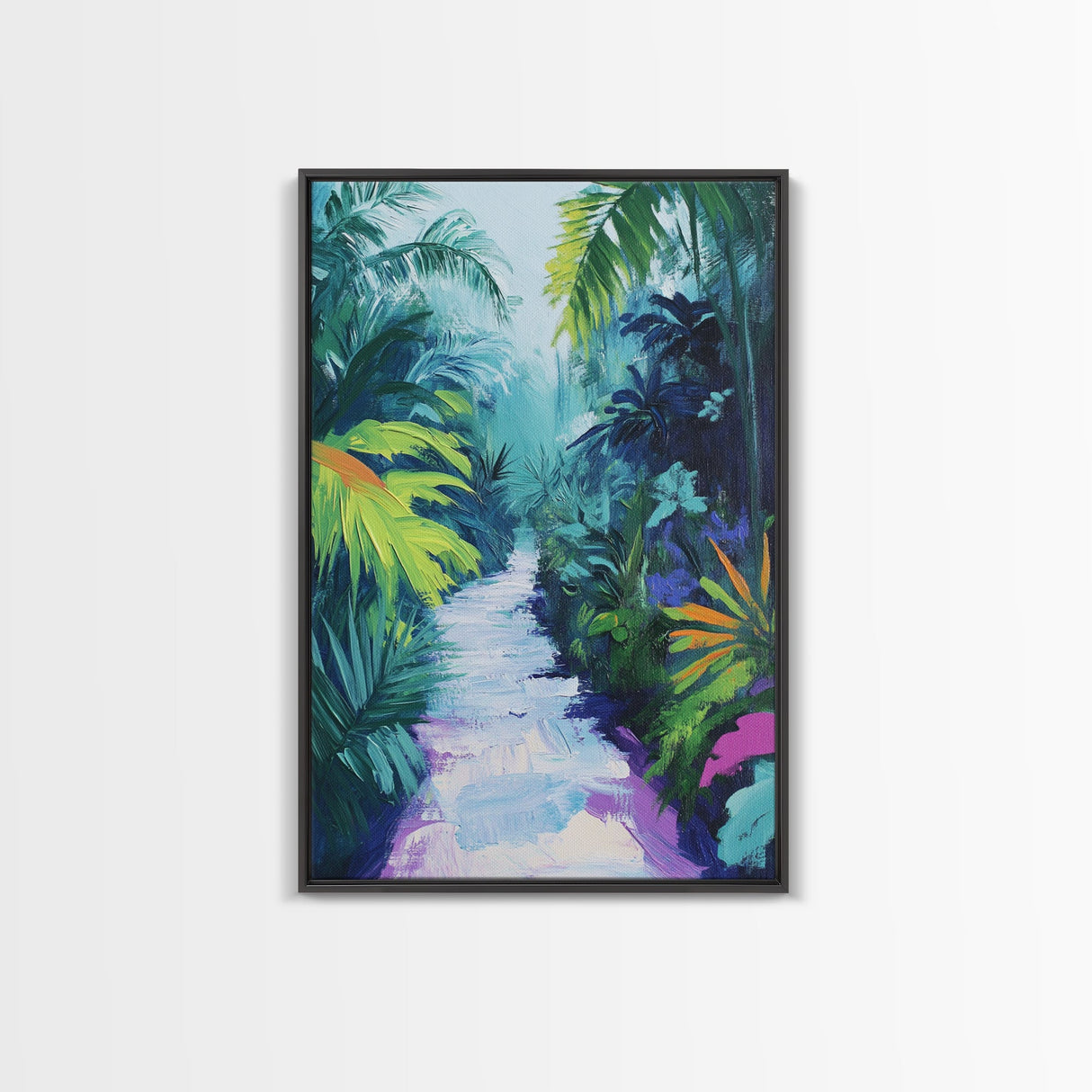 Jungle Walkway, tropical painting, palm tree painting, botanical prints, green wall art, living room art, canvas print, home decor