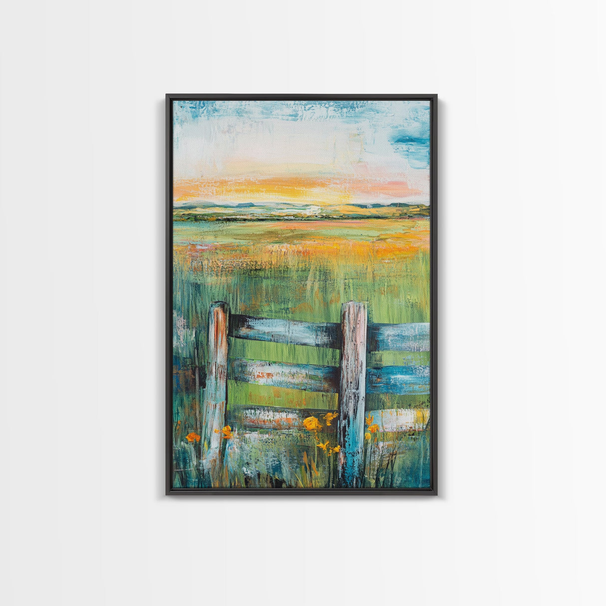 Field Sunset, wildflower painting, landscape painting, rustic wall art, nature wall art, bedroom art, framed canvas print, home decor