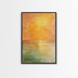 Golden Sunset Horizon Framed Canvas Print Warm Minimalist Wall Art, Serene Ocean Painting, Modern Living Room Decor, Calming Tones
