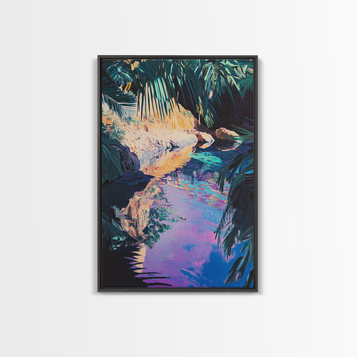 Tropical Reflections Framed Canvas Print Jungle River Wall Art, Boho Nature Decor, Vibrant Exotic Landscape, Relaxing Living Room Art