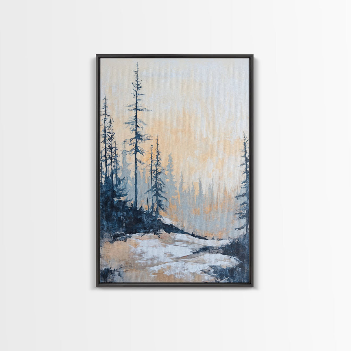 Misty Forest Framed Canvas Print Winter Landscape Wall Art, Nordic Minimalist Decor, Moody Nature Painting, Serene Living Room Artwork