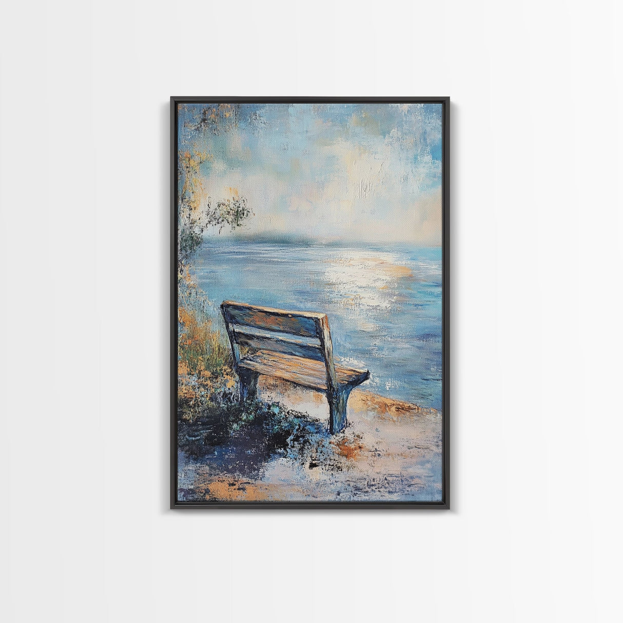 Serene Bench Canvas Print Lakeside Tranquility Peaceful Landscape Wall Art Cozy Home Decor Living Room Relaxation Gift