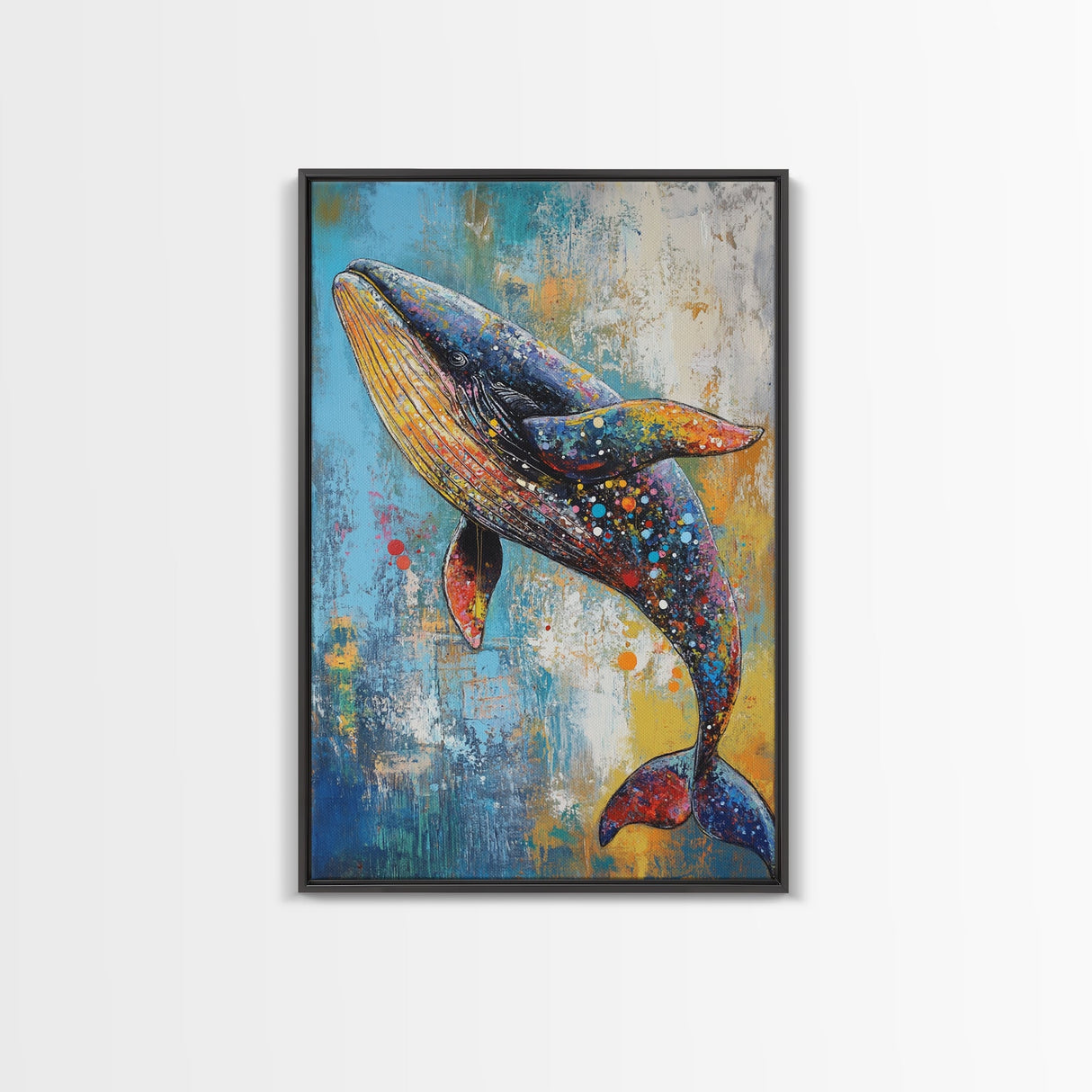 Blue Whale Framed Canvas Print Ocean Wildlife Art Colorful Nautical Wall Decor Coastal Home Aesthetic Sea Lover Gift