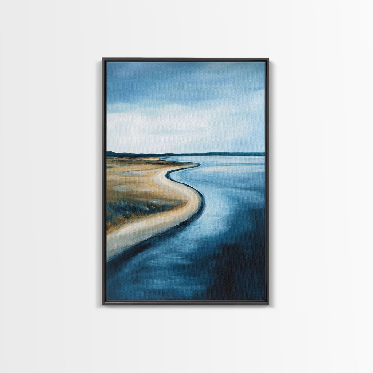 Serene Shoreline Framed Canvas Print Minimalist Coastal Landscape Wall Art, Beach Tranquility Painting, Nautical Home Decor