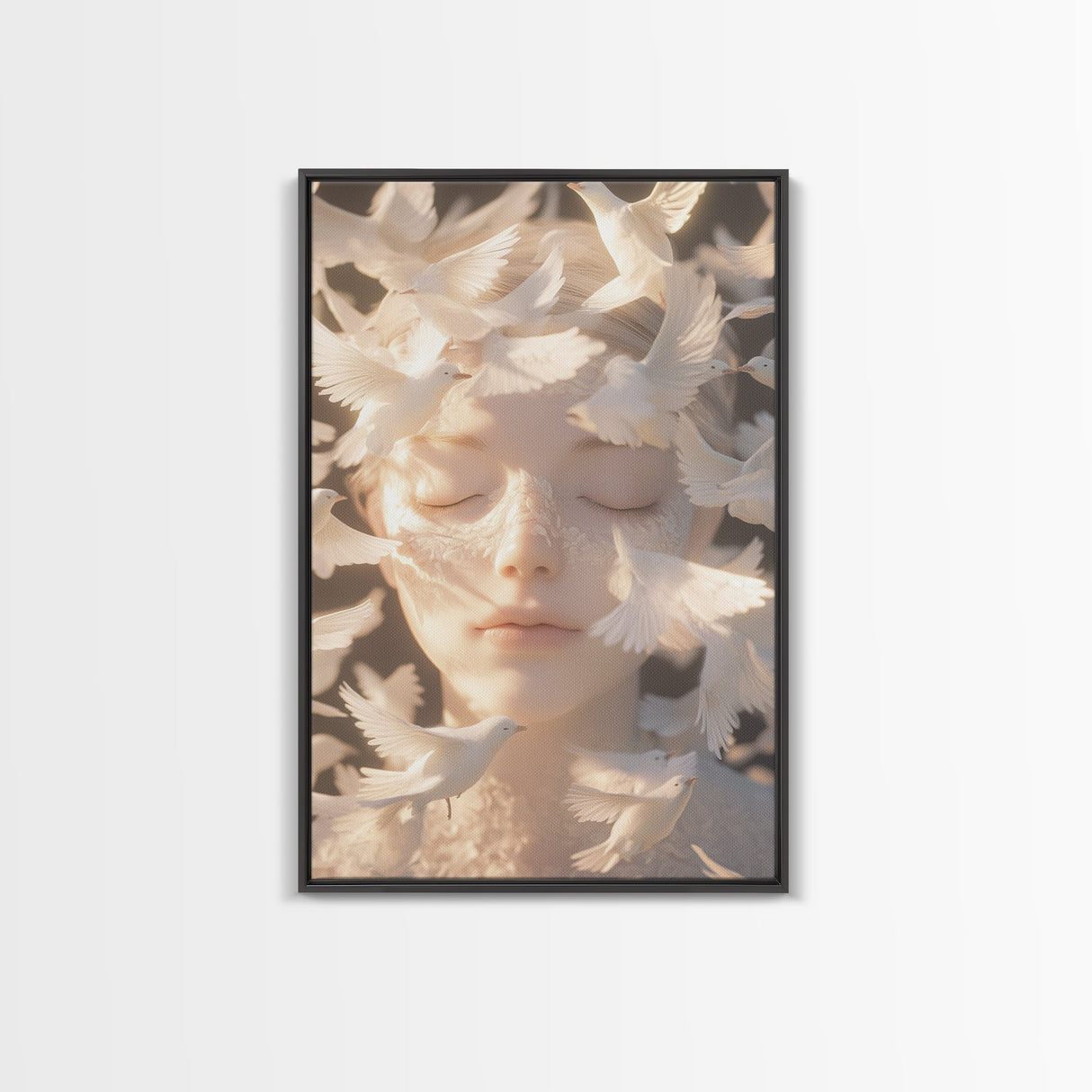 Ethereal White Dove Art Framed Canvas Print - Surreal Dreamy Wall Art, Minimalist Angelic Decor, Bedroom Meditation Art, Boho Aesthetic
