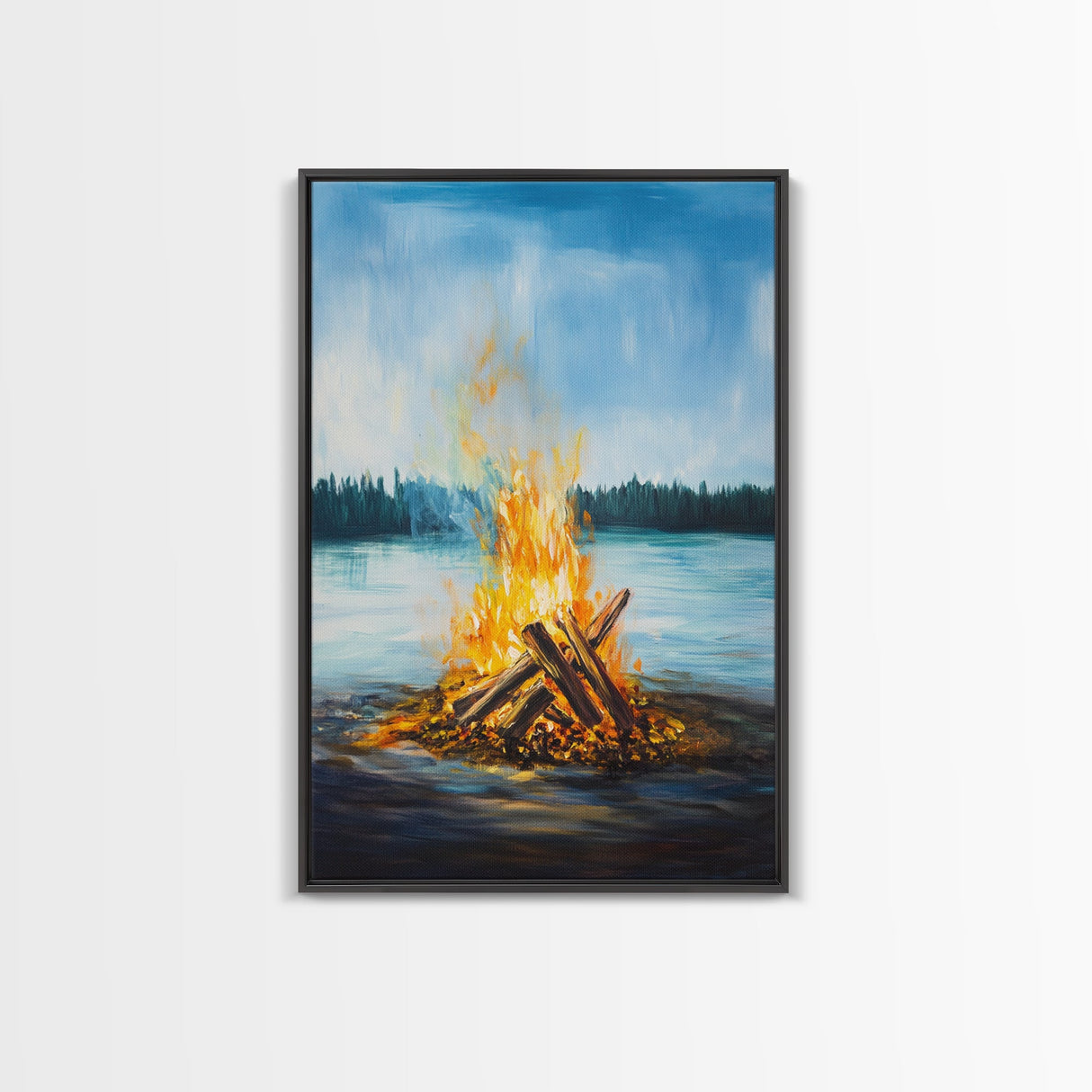 Lakeside Bonfire, Camping Art, Outdoor Wall Art, Cozy Campfire Painting, Nature Art, Rustic Decor, Above Couch Art, Canvas Print