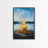 Lakeside Bonfire, Camping Art, Outdoor Wall Art, Cozy Campfire Painting, Nature Art, Rustic Decor, Above Couch Art, Canvas Print