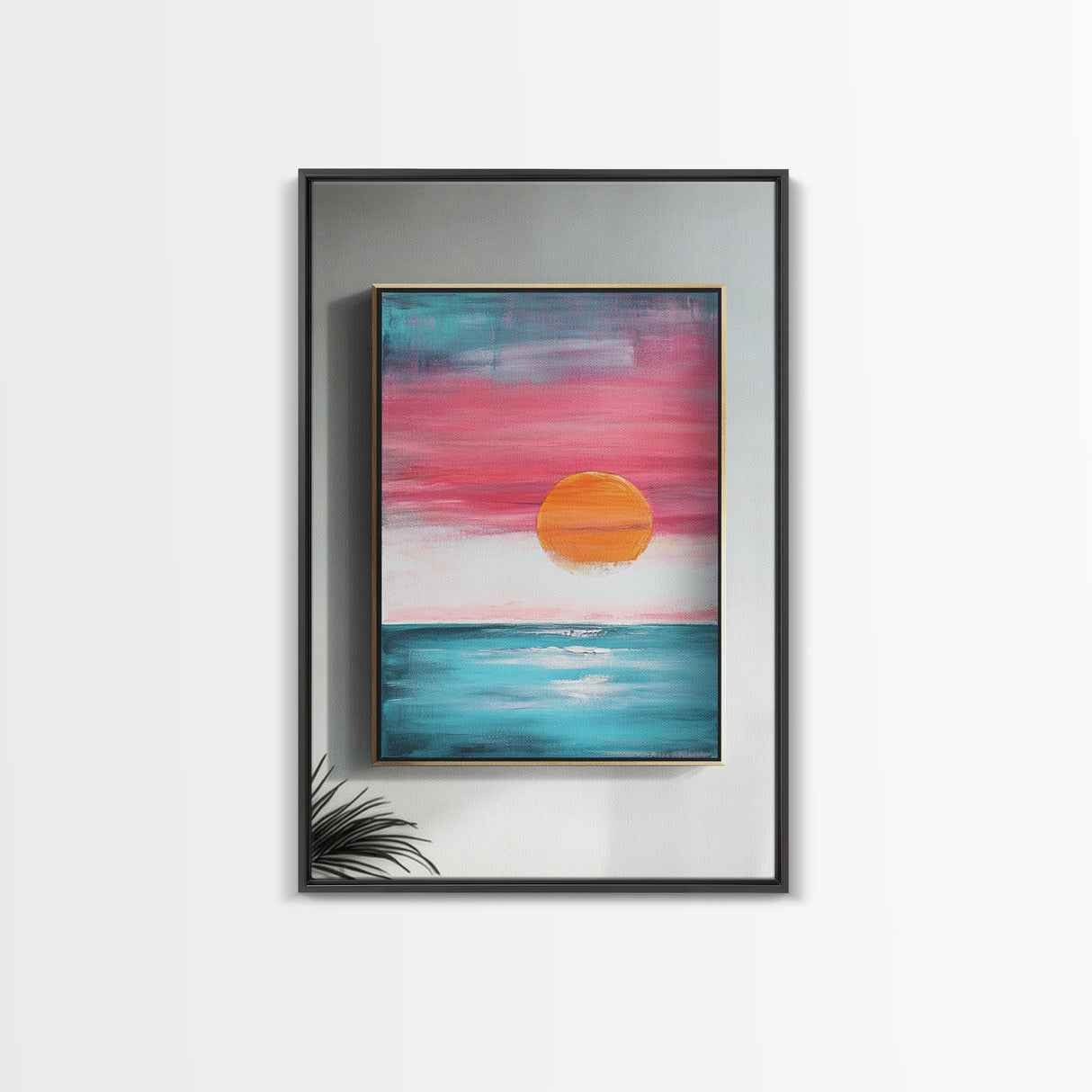 Sunset Horizon, pink orange wall art, nautical painting, coastal decor, above bed wall art, wabi sabi art, Framed Canvas Print, boho art
