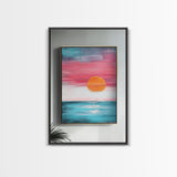 Sunset Horizon, pink orange wall art, nautical painting, coastal decor, above bed wall art, wabi sabi art, Framed Canvas Print, boho art