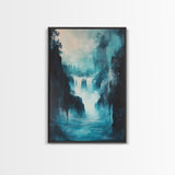 waterfall painting, landscape painting, framed canvas print, mountain painting, rustic wall art, blue and green wall art, gift idea