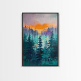 pine tree art, landscape painting, framed canvas print, mountain painting, forest at dusk painting, rustic wall art, gift idea