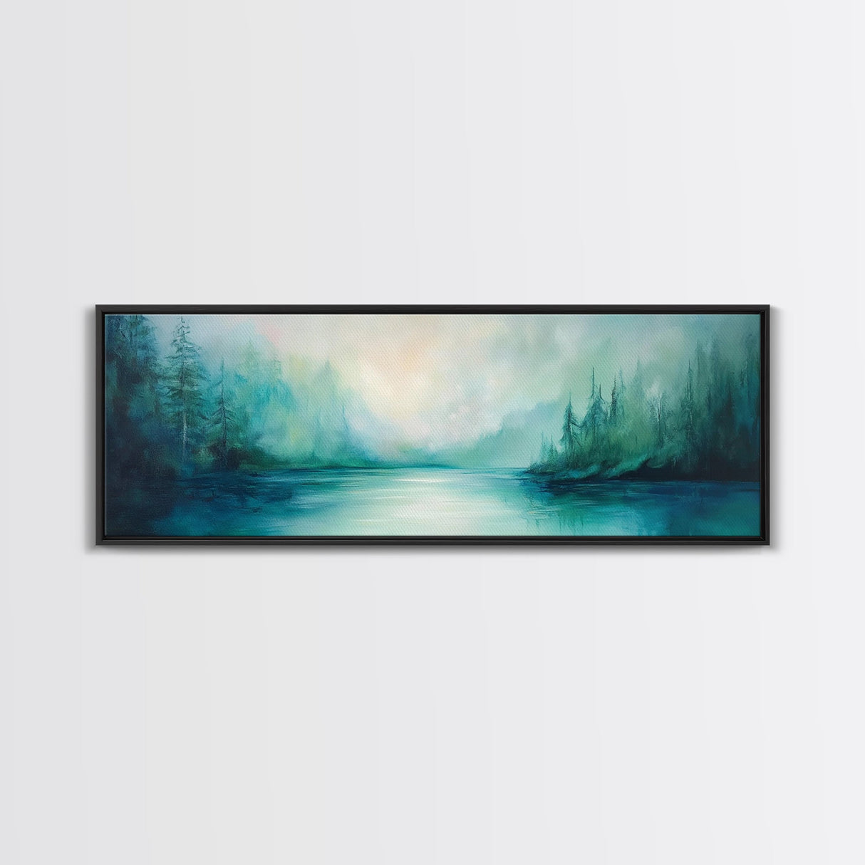 Forest Lake Morning Framed Canvas Print Calm Nature Art, Misty Green Landscape, Cabin Wall Decor, Peaceful Living Room Artwork