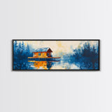 Lake Cabin Reflection Canvas Print Rustic Lodge Wall Art Cozy Winter Artwork Warm Cabin Decor Large Framed Home Wall Art