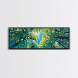 Sunlit Forest Framed Canvas Print Vibrant Nature Wall Art, Green Tree Canopy Painting, Bright Boho Decor, Botanical Living Room Art