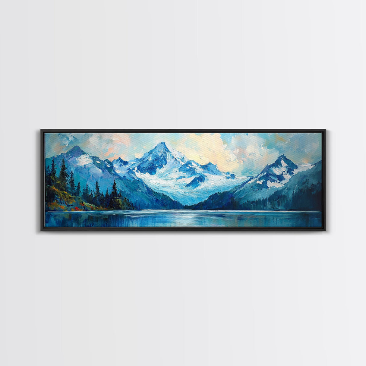 Mountain Lake Framed Canvas Print, Snowy Peak Nature Art, Adventure Home Decor, Alpine Forest Wall Art, Cabin Living Room Wall Decor