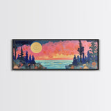 Mystical Moonlight Landscape Framed Canvas Print, Dreamy Forest Art, Boho Sunset Wall Art, Celestial Painting, Living Room Decor