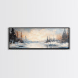 Serene Winter Forest Framed Canvas Print, Snowy Landscape Painting, Cozy Christmas Wall Art, Neutral Rustic Home Decor, Lodge Art