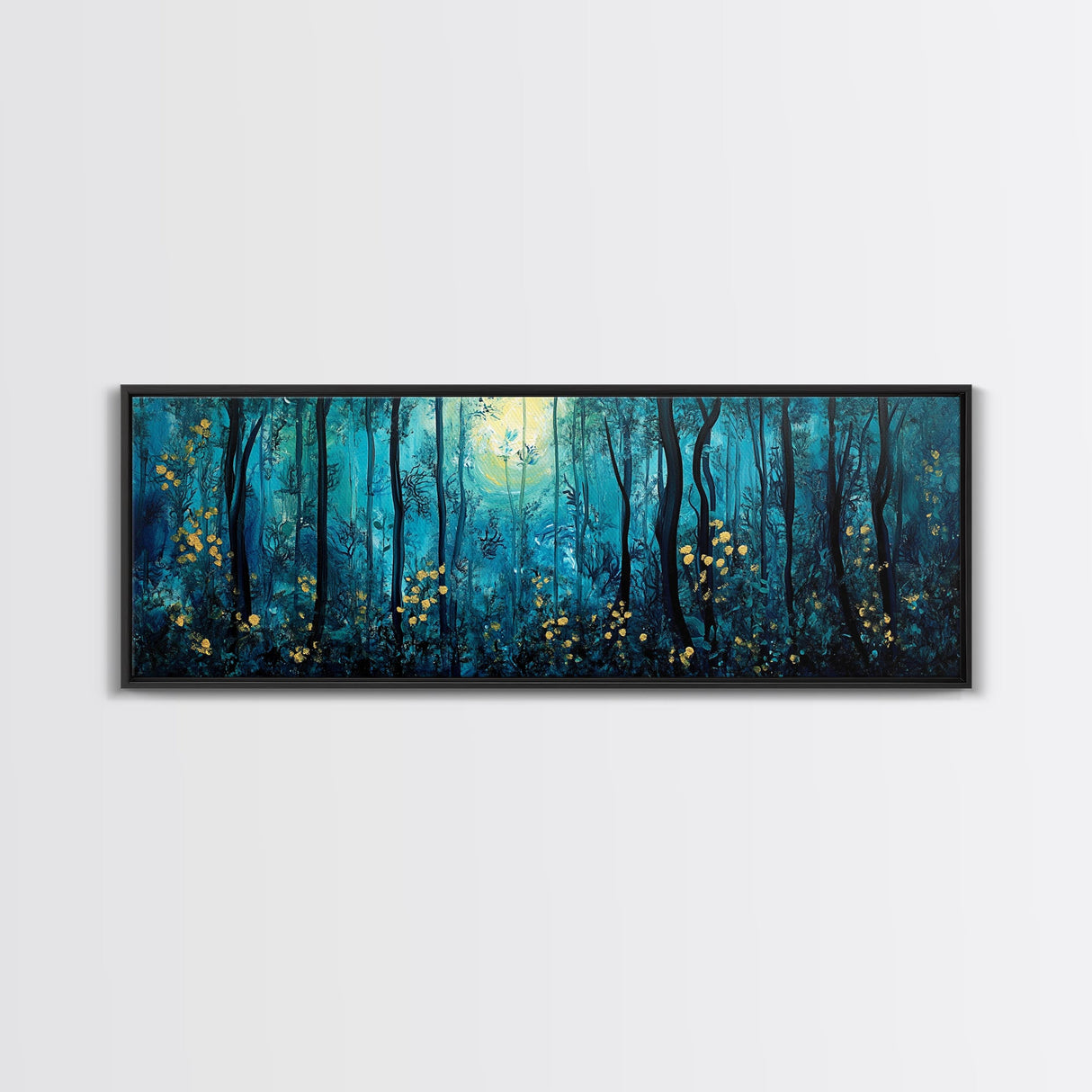 Moonlit Forest Wall Art, Mystical Woodland Painting, Dark Blue Nature Art, Enchanted Trees, Cozy Cabin Decor, Bedroom Wall Art