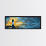 Lighthouse at Dusk Art, Nautical Coastal Painting, Moody Blue and Gold Wall Decor, Ocean Scene Artwork, Tranquil Living Room Art