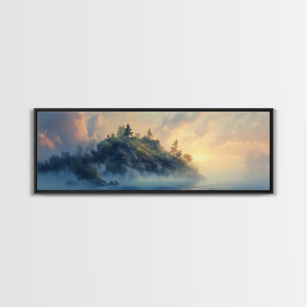 Misty Island Sunrise Canvas Print - Scenic Landscape Wall Art, Living Room Decor, Soft Light Artwork, Serene Home Office Art