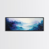 Ethereal Foggy Forest Framed Canvas Print - Mystical Landscape Wall Art, Blue and Purple Nature Decor, Living Room Art