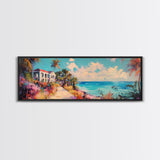 Tropical Beach Canvas Print Coastal House Painting, Palm Tree Art, Vibrant Seaside Wall Decor, Summer Home Decor, Living Room Art