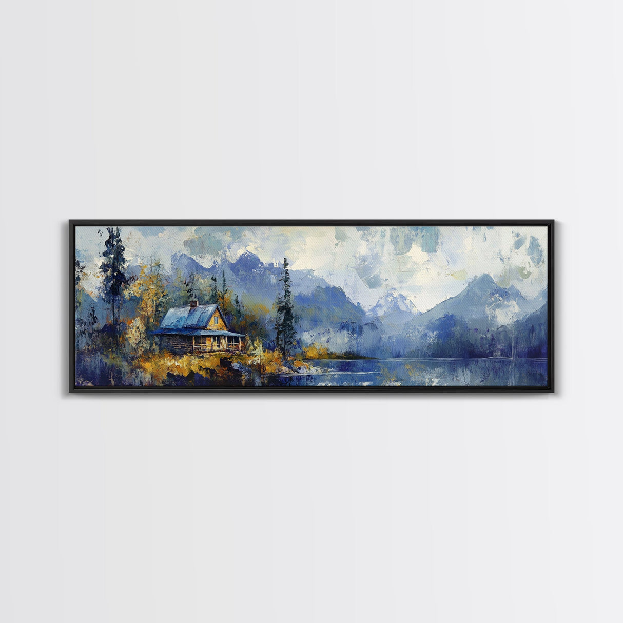Mountain Cabin Painting Rustic Lakeside Autumn Landscape Wall Art Cozy Wilderness Retreat Artwork Living Room