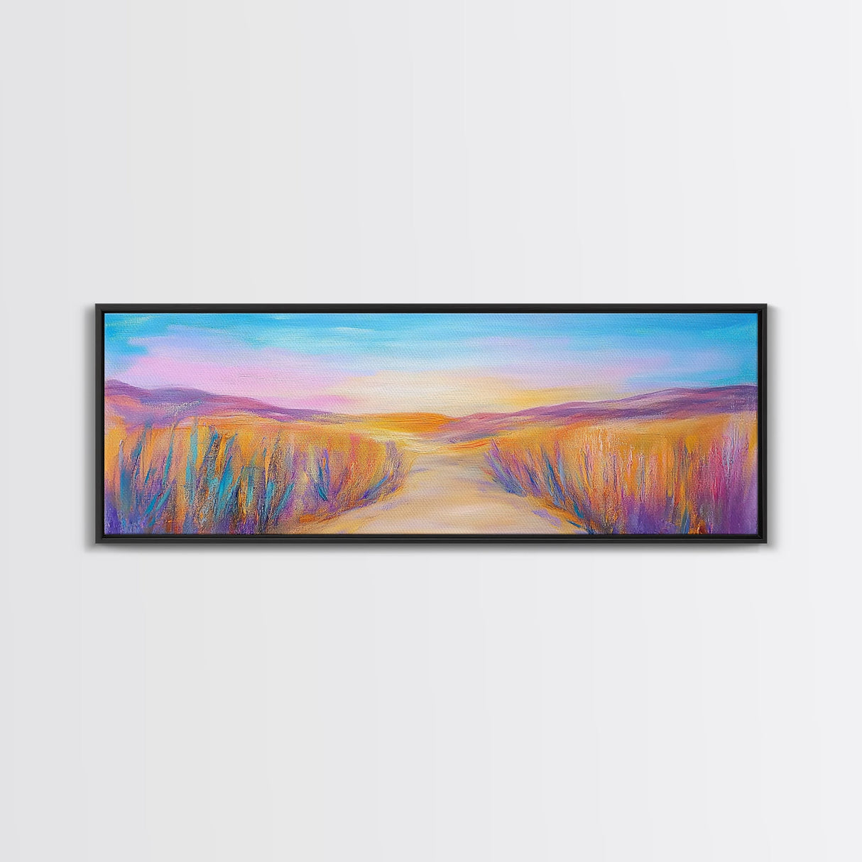 Serene Desert Sunset Path Framed Canvas Print, Southwestern Landscape Wall Art, Warm Earthy Tones, Nature Decor, Living Room Art