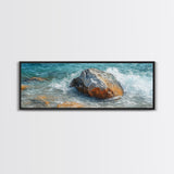 Ocean Rock Waves Framed Canvas Print Coastal Nature Wall Art, Beach Landscape Painting, Rustic Seascape Decor, Home Accent