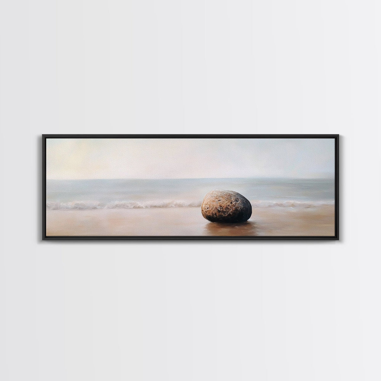 Tranquil Beach Rock Canvas Print Minimalist Wall Art Coastal Zen Painting Neutral Living Room Wall Art Serene Ocean Decor