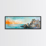 Seaside Cliff, Tranquil Beach Painting, Ocean View Wall Art, Home Decor, Framed Canvas Print, Minimalist Style, Bedroom Artwork