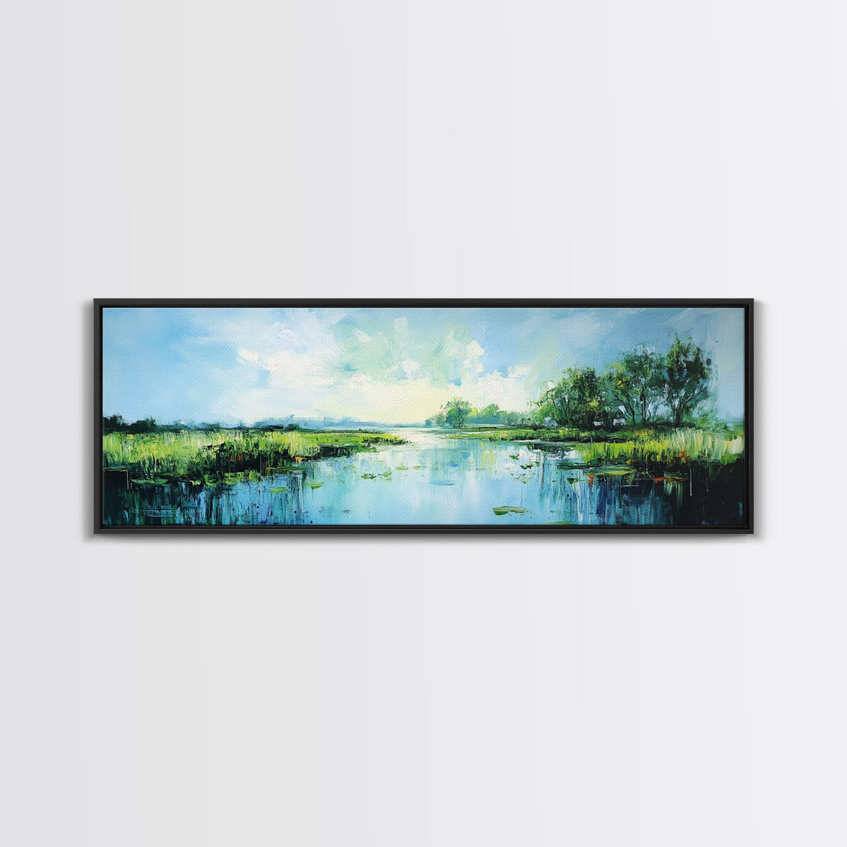 Tranquil, Marshland, Reflection, Nature, Framed Canvas Print, Living Room Wall Art, Impressionist Art, Serene Water Scene