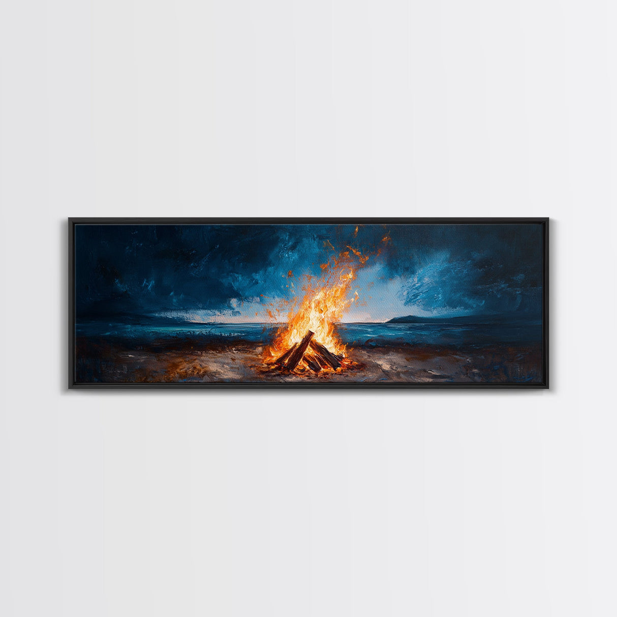 Stormy Beach Bonfire Canvas Print Dramatic Coastal Wall Art Ocean Fire Pit Painting Wilderness Adventure Decor Moody Gift
