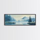 Foggy Mountain Lake Framed Canvas Print Tranquil Nature Wall Art, Misty Forest Landscape, Cool Blue Artwork, Cabin or Office Decor