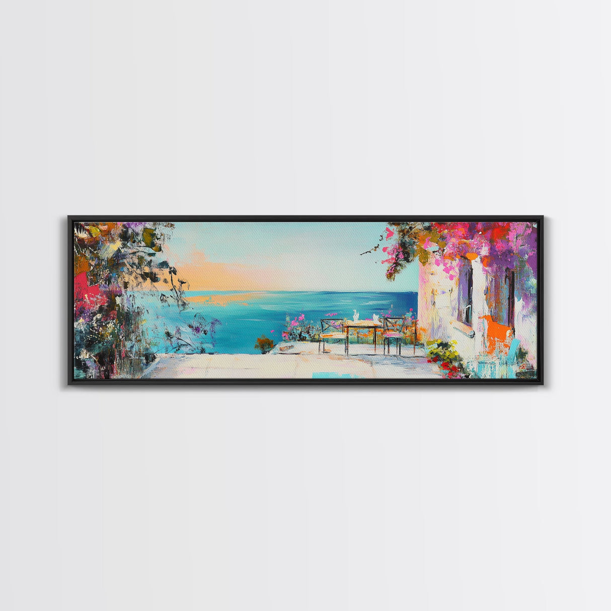 Mediterranean Patio Framed Canvas Print, Coastal Landscape Wall Art, Romantic Seaside Painting, Dining Room Decor, Boho Art