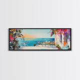 Mediterranean Patio Framed Canvas Print, Coastal Landscape Wall Art, Romantic Seaside Painting, Dining Room Decor, Boho Art