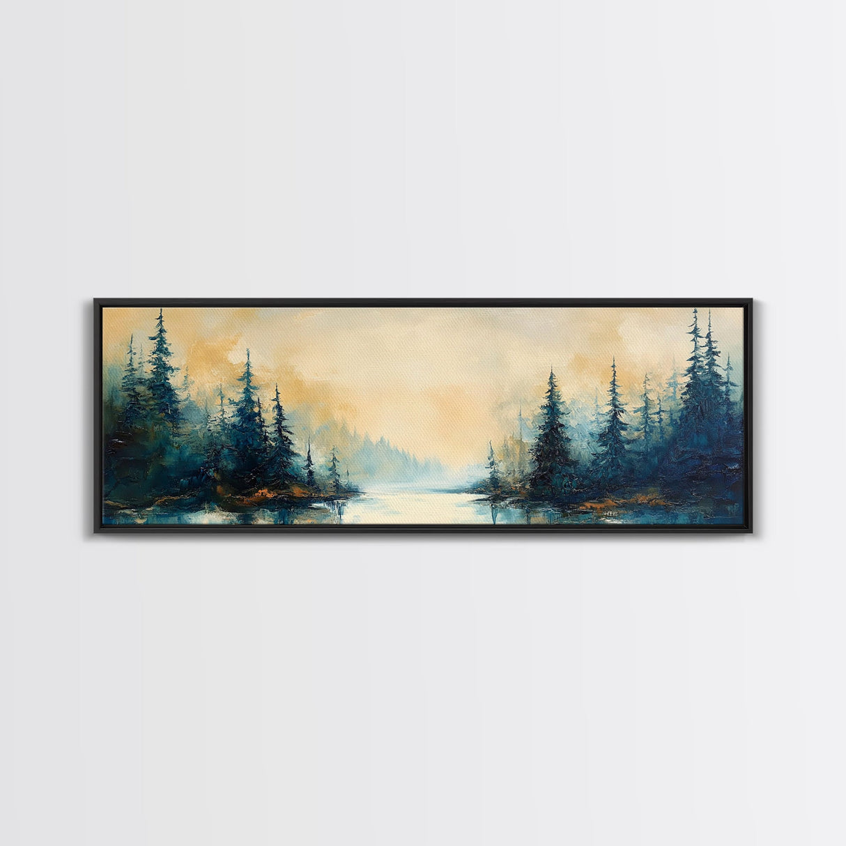 Misty Forest Landscape Wall Art, Blue and Gold Nature Painting, Rustic Cabin Decor, Cozy Woodland Art, Fall Living Room Artwork