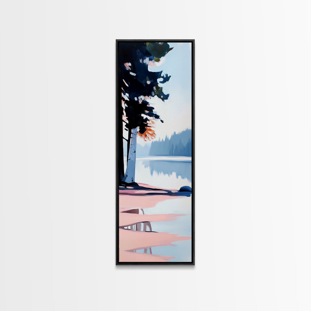 Misty Forest View, Tranquil Lake Painting, Atmospheric Nature Art, Minimalist Tree Reflection, Cozy Cabin Decor, Framed Canvas Print