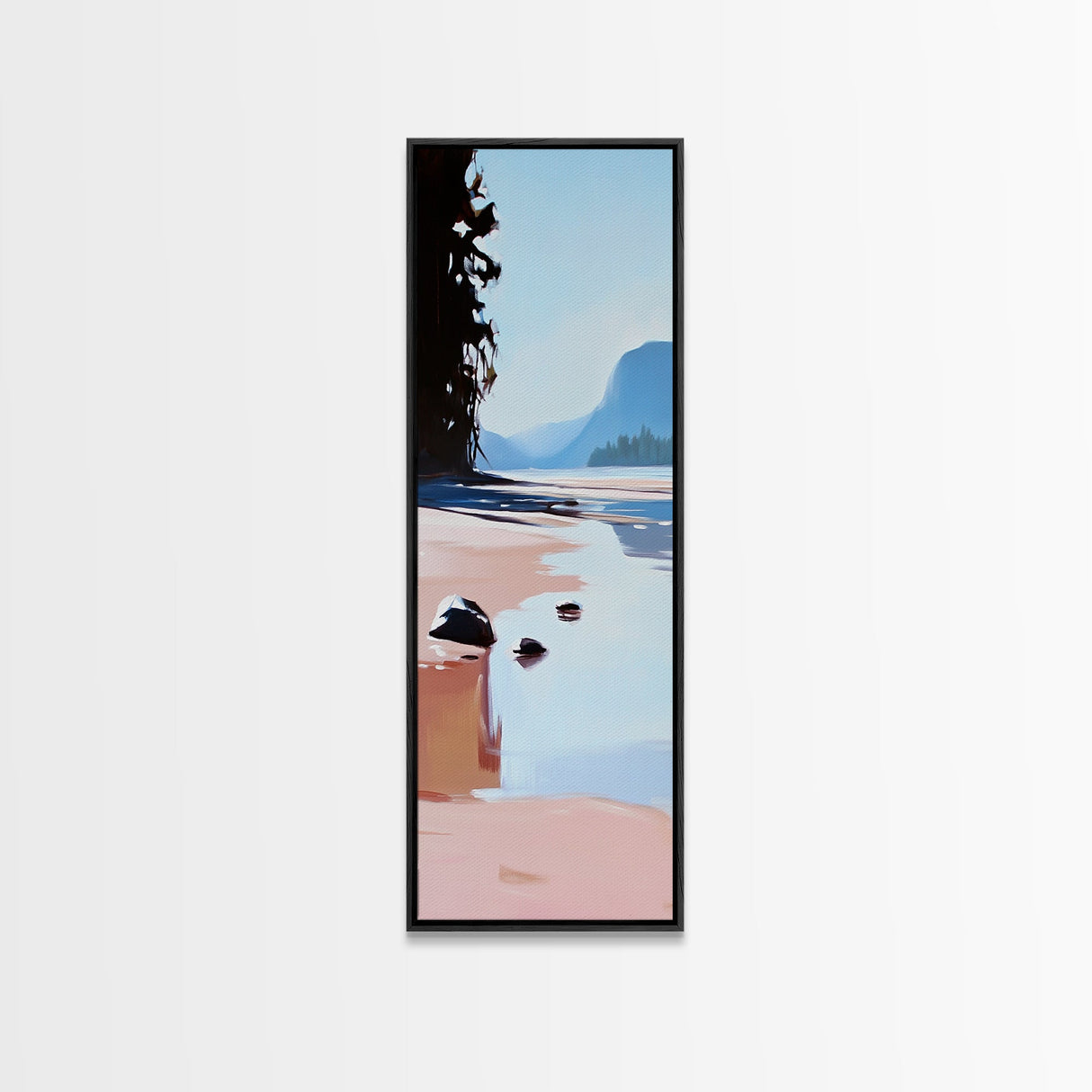Serene Beach, Minimalist Landscape, Abstract Nature, Framed Canvas Print, Coastal Wall Art, Soft Blue and Pink, Living Room Wall Art
