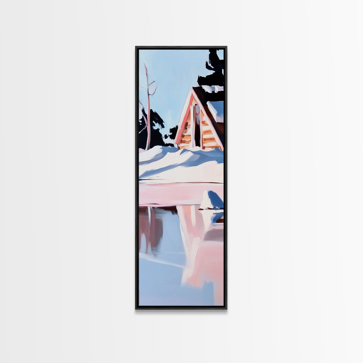 Winter Cabin, Snowy Reflections, Framed Canvas Print, Cozy Rustic Wall Art, Nordic Aesthetic, Minimalist Landscape, Bedroom Decor