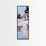 Winter Cabin, Snowy Reflections, Framed Canvas Print, Cozy Rustic Wall Art, Nordic Aesthetic, Minimalist Landscape, Bedroom Decor