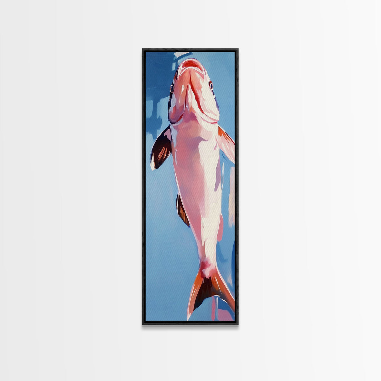 Abstract Fish, Coastal Art, Ocean Life Painting, Framed Canvas Print, Minimalist Marine Decor, Blue and Pink Aesthetic, Beach House Art