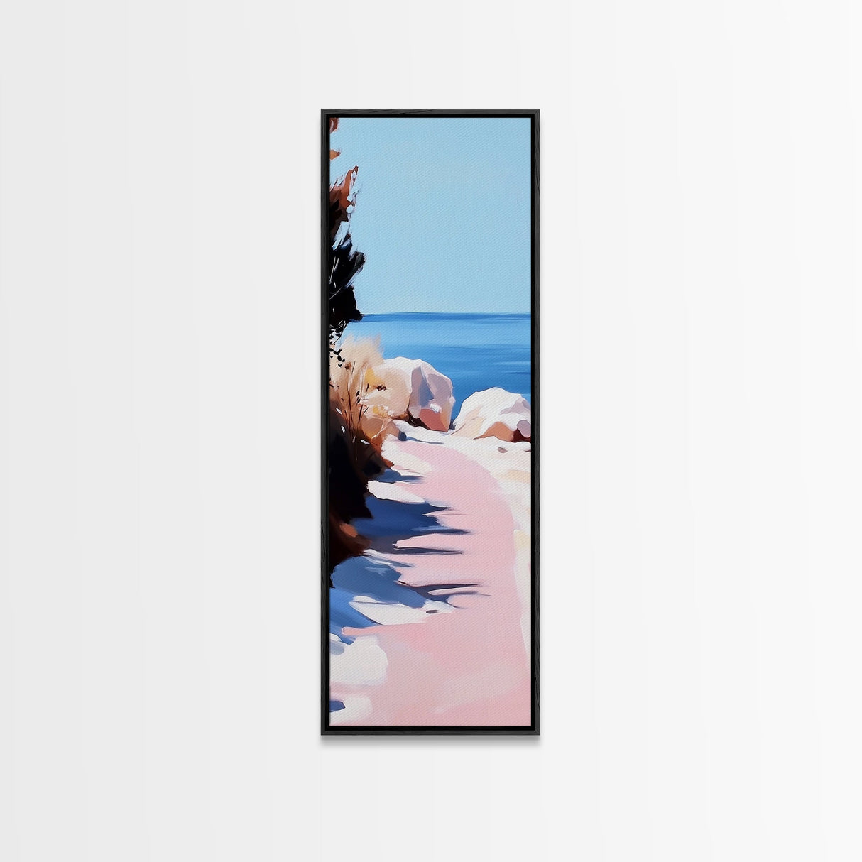 Sunset Pathway, Tranquil Nature Art, Serene Beach Scene, Pastel Landscape, Warm Toned Painting, Dreamy Home Decor, Framed Canvas Print