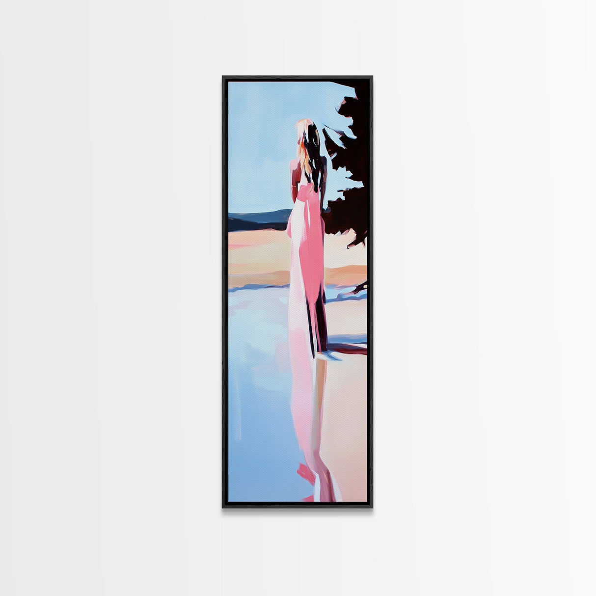 Tranquil Woman, Nature Reflection, Soft Pastels, Serene Landscape, Framed Canvas Print, Minimalist Art, Peaceful Home Decor