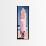 Pink Surfboard, Beach House Art, Coastal Aesthetic, Surfer Lifestyle, Summer Vibes, Ocean Theme Framed Canvas Print, Modern Wall Decor