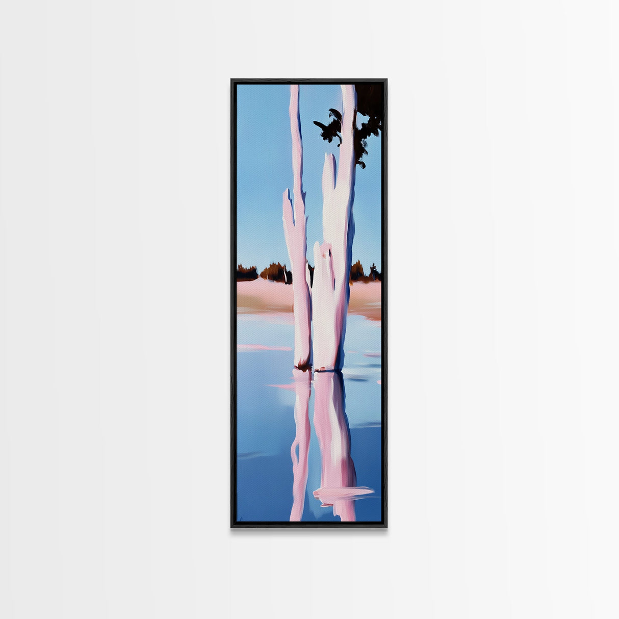 Pink Trees, Lake Reflection, Minimalist Nature, Calm Water Scene, Soft Pastel Wall Art, Tranquil Framed Canvas Print, Zen Home Decor