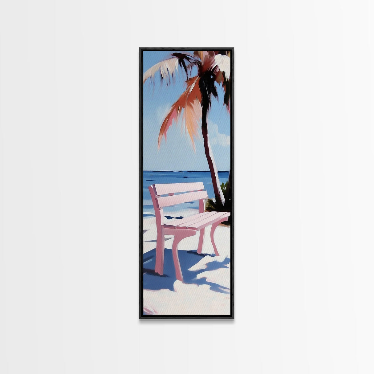 Beach Bench, Palm Tree, Ocean View, Framed Canvas Print, Coastal Wall Art, Tropical Decor, Boho Beach Art, Living Room Wall Art