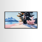 Mountain Landscape, Tranquil Lake Scene, Serene Nature Painting, Minimalist Home Decor, Rustic Wilderness Art, Framed Canvas Print